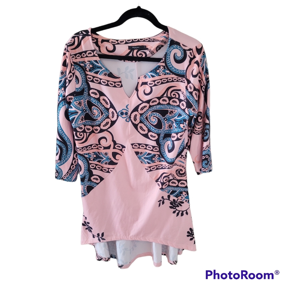 Reborn pink, blue, and black tunic blouse. Size Large. Quarter length sl…